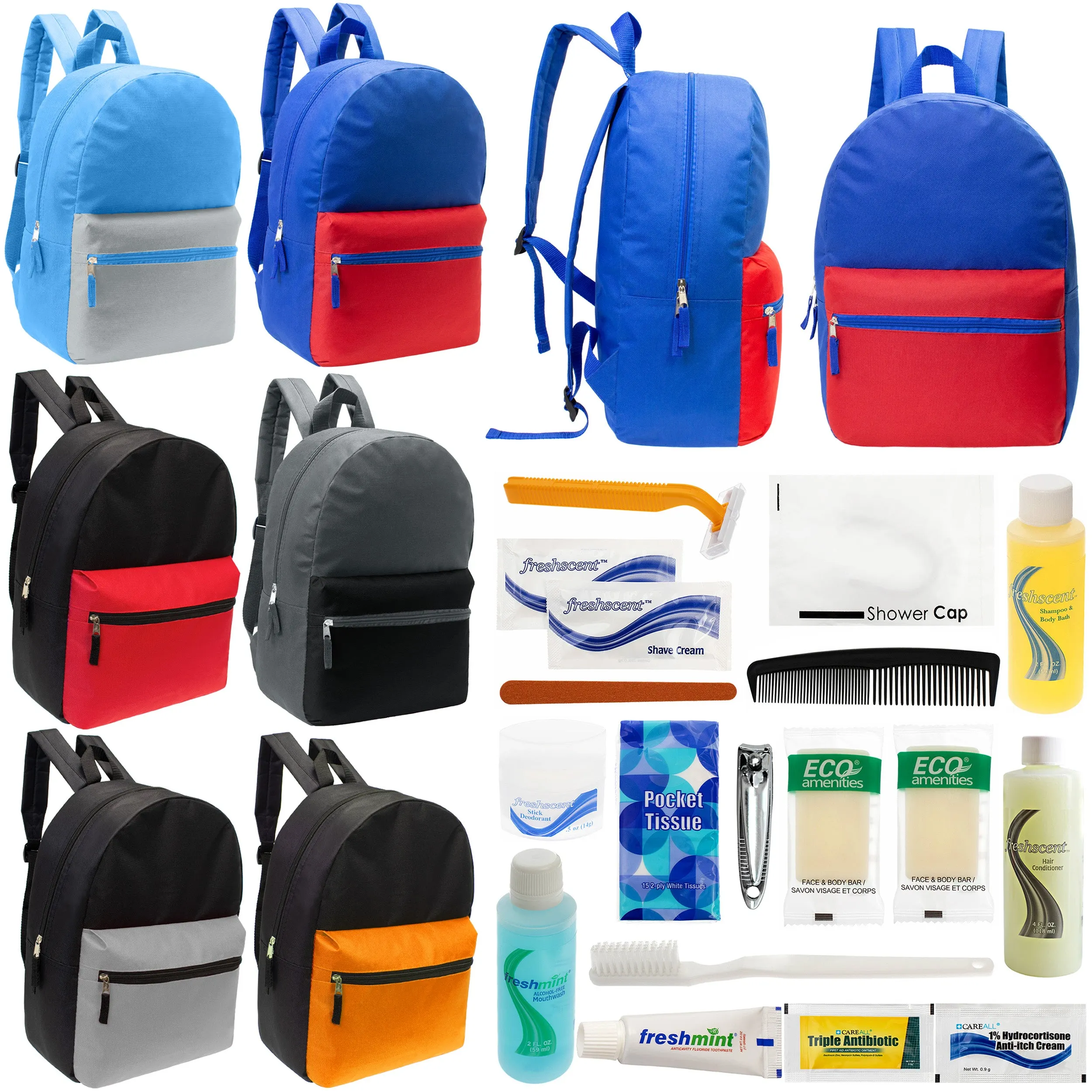 12 17" Classic Backpacks in 6 Two Tone Colors & Your Choice of 12 Bulk Hygiene Kits - Wholesale Care Package: Homeless, Emergency, Charity