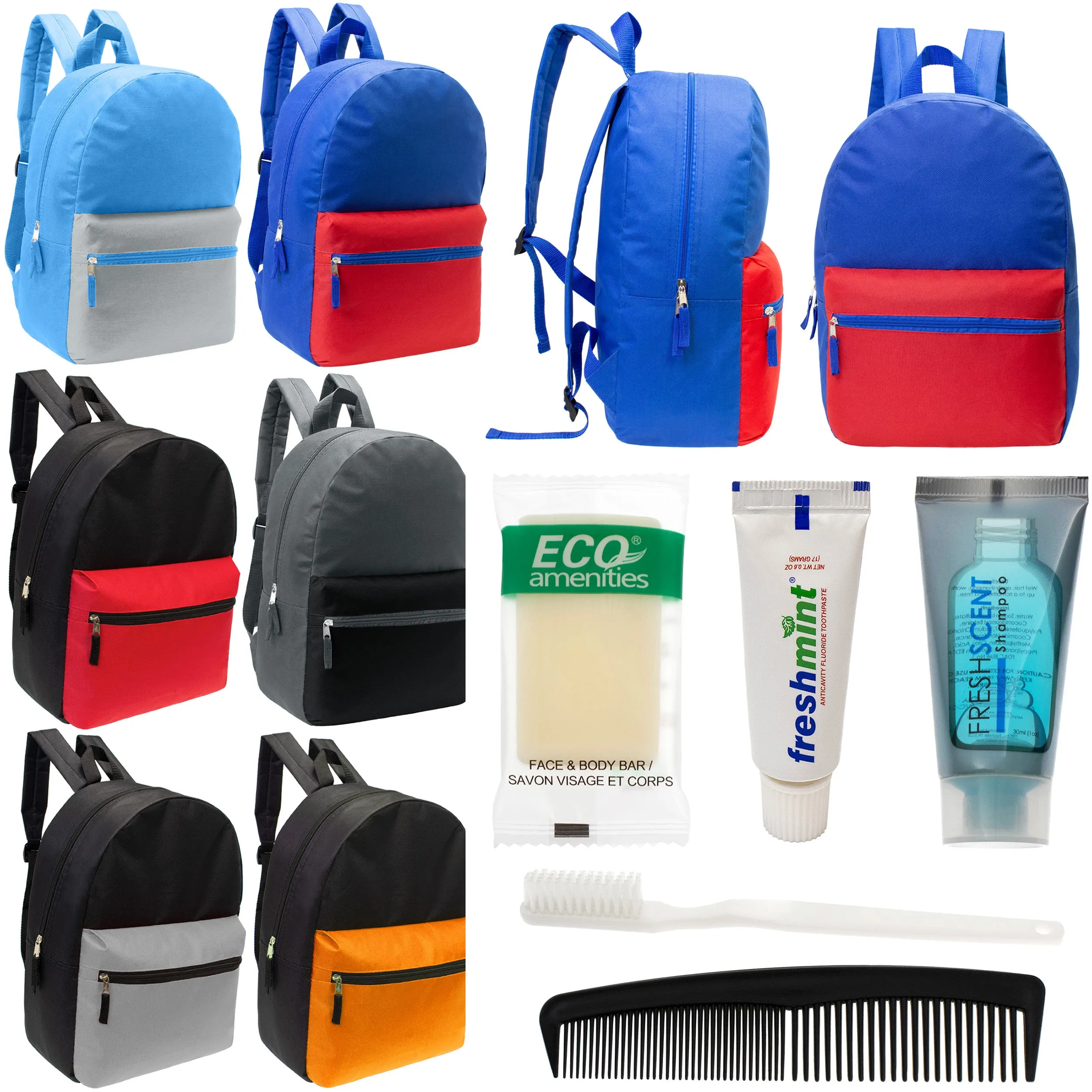 12 17" Classic Backpacks in 6 Two Tone Colors & Your Choice of 12 Bulk Hygiene Kits - Wholesale Care Package: Homeless, Emergency, Charity