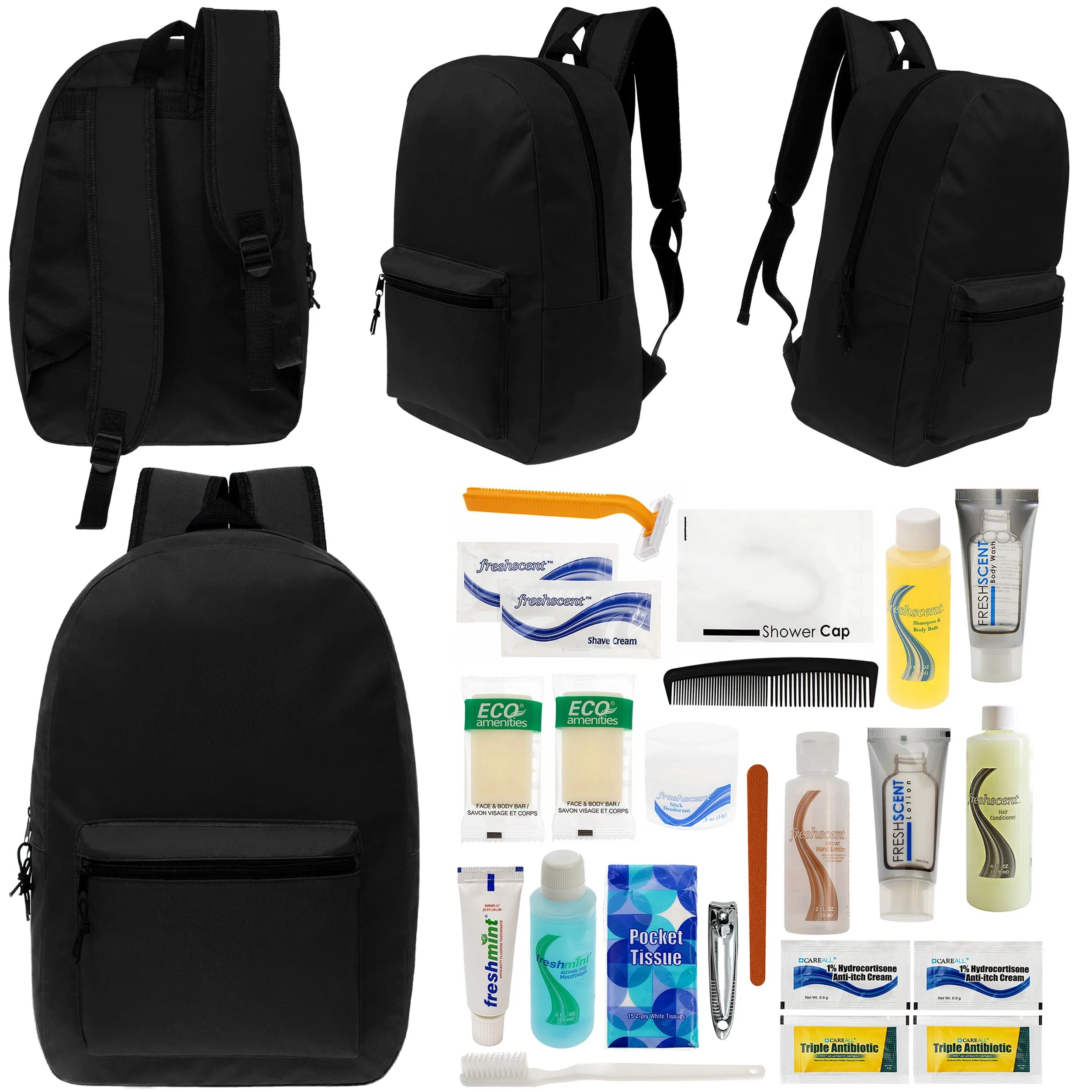 12 Black 17" Classic Backpacks & Your Choice of 12 Bulk Hygiene Kits - Wholesale Care Package: Homeless, Emergency, Charity