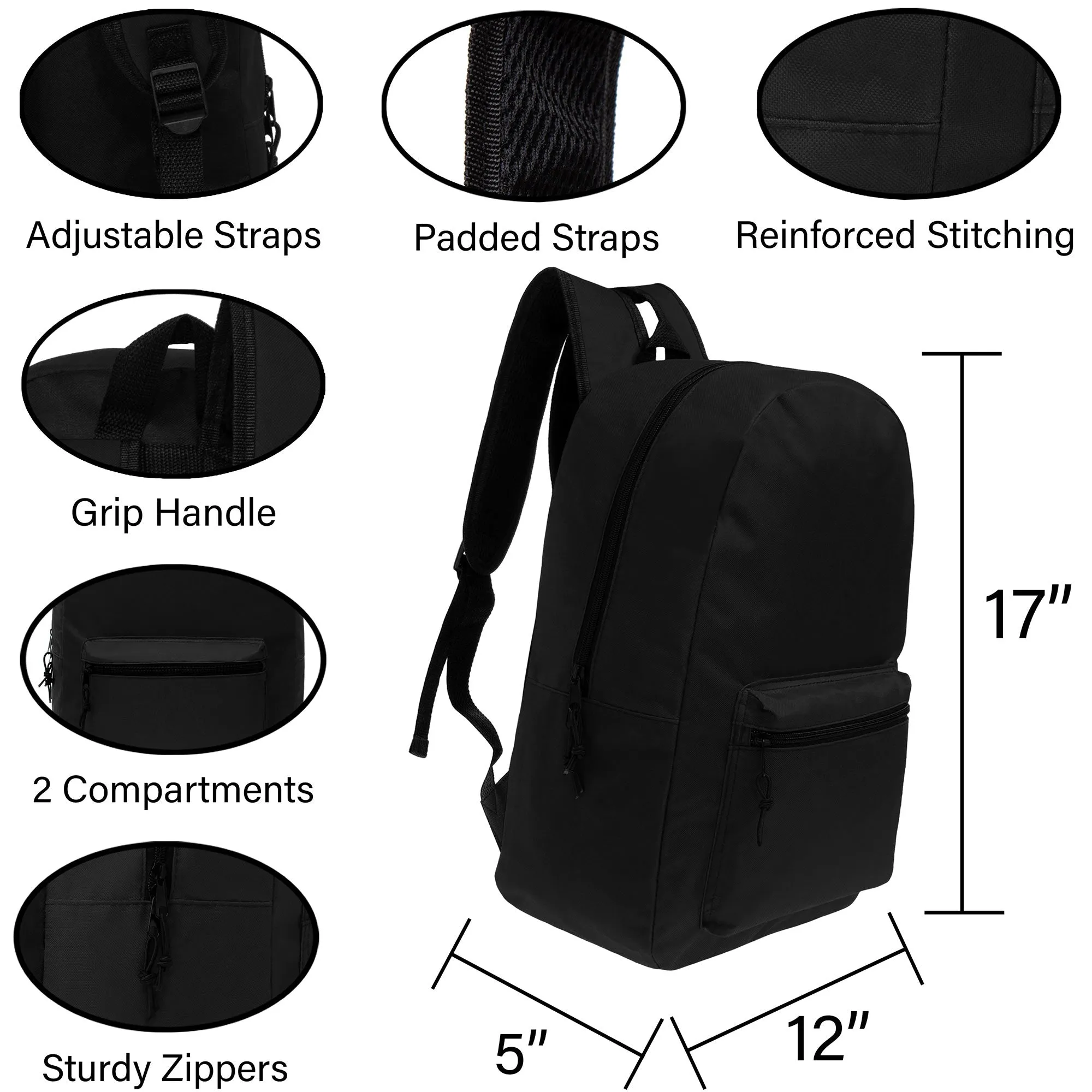 12 Black 17" Classic Backpacks & Your Choice of 12 Bulk Hygiene Kits - Wholesale Care Package: Homeless, Emergency, Charity