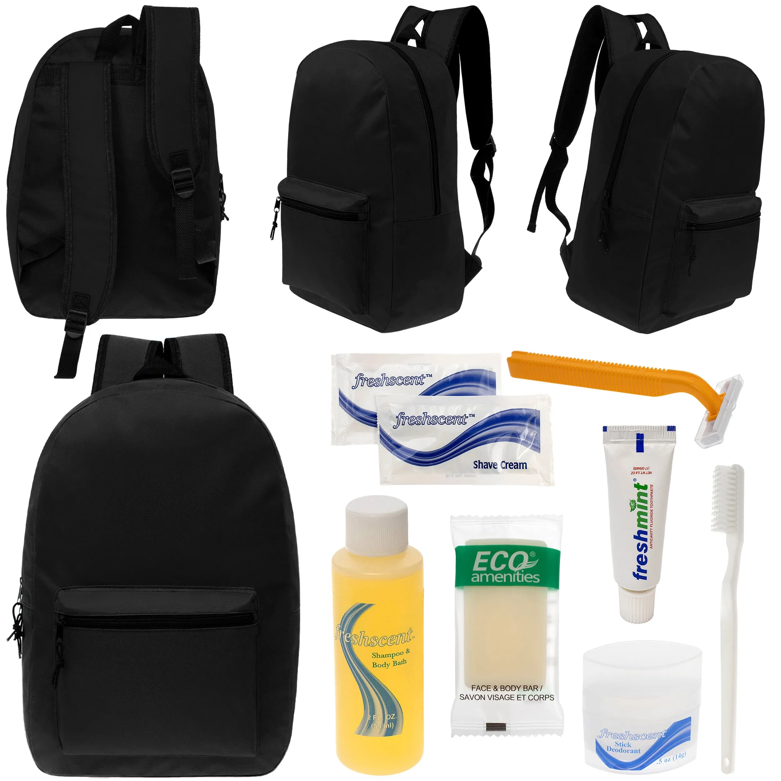 12 Black 17" Classic Backpacks & Your Choice of 12 Bulk Hygiene Kits - Wholesale Care Package: Homeless, Emergency, Charity