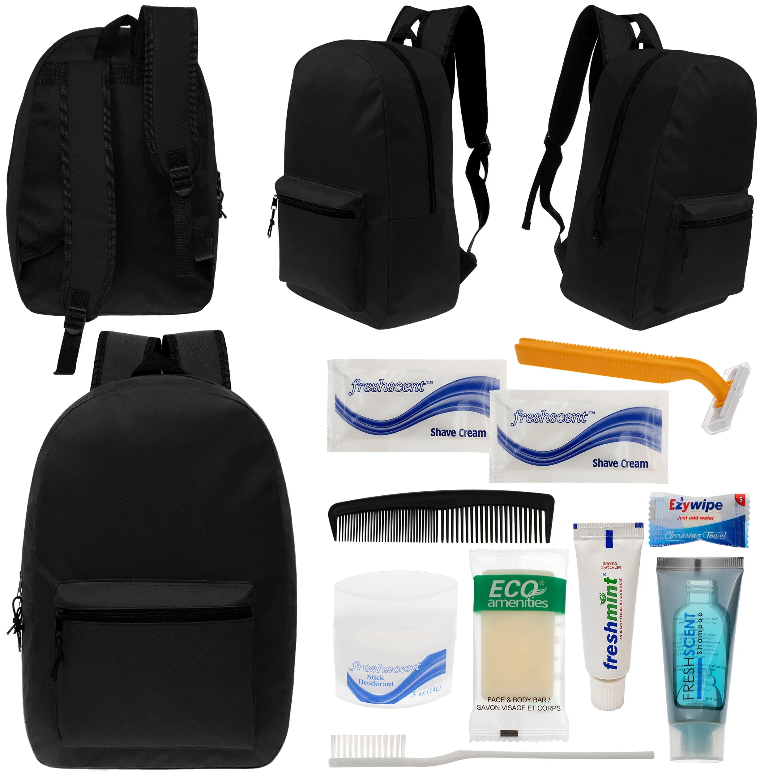 12 Black 17" Classic Backpacks & Your Choice of 12 Bulk Hygiene Kits - Wholesale Care Package: Homeless, Emergency, Charity