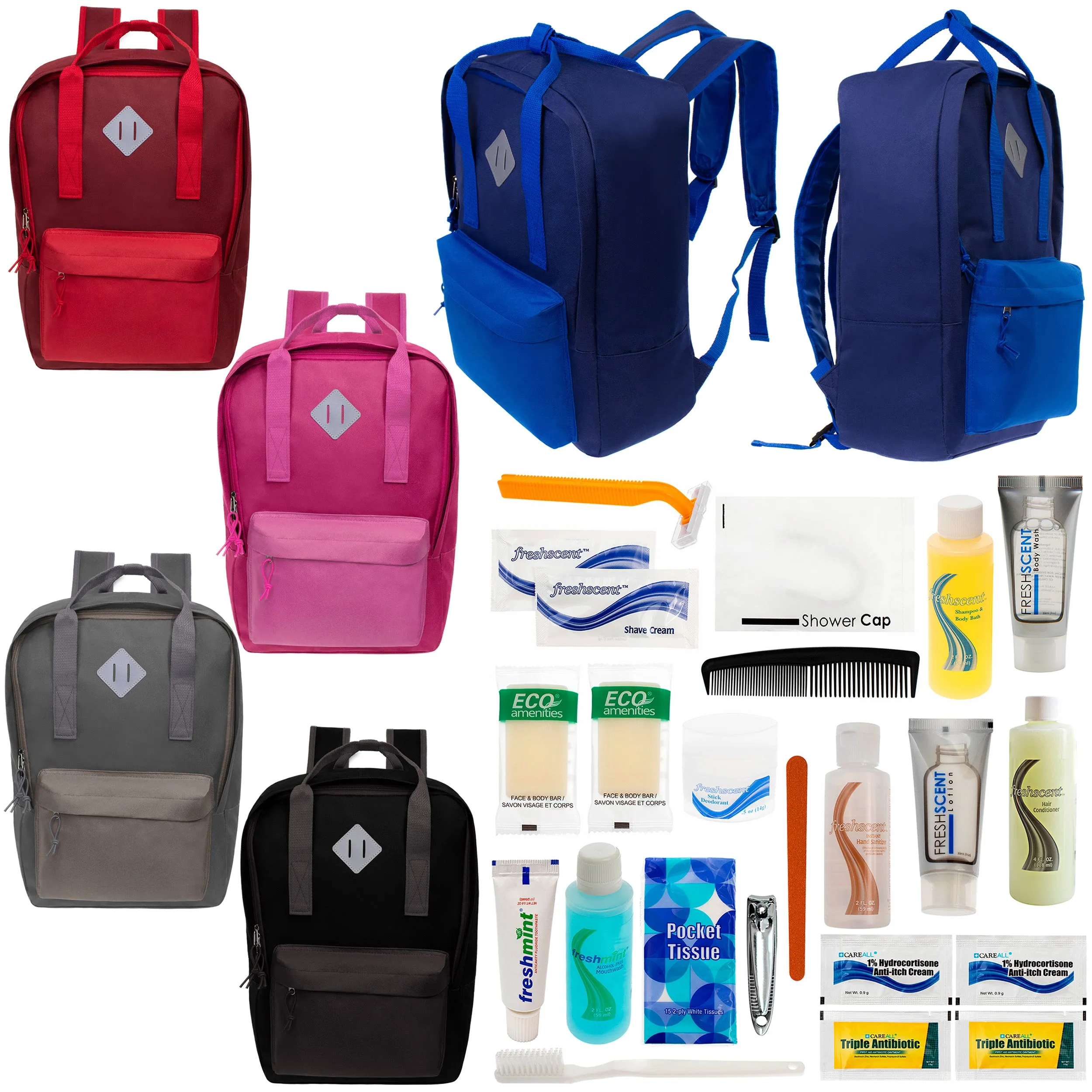 12 Multi Color Diamond Patch Backpacks & Your Choice of 12 Bulk Hygiene Kits - Wholesale Care Package: Homeless, Emergency, Charity