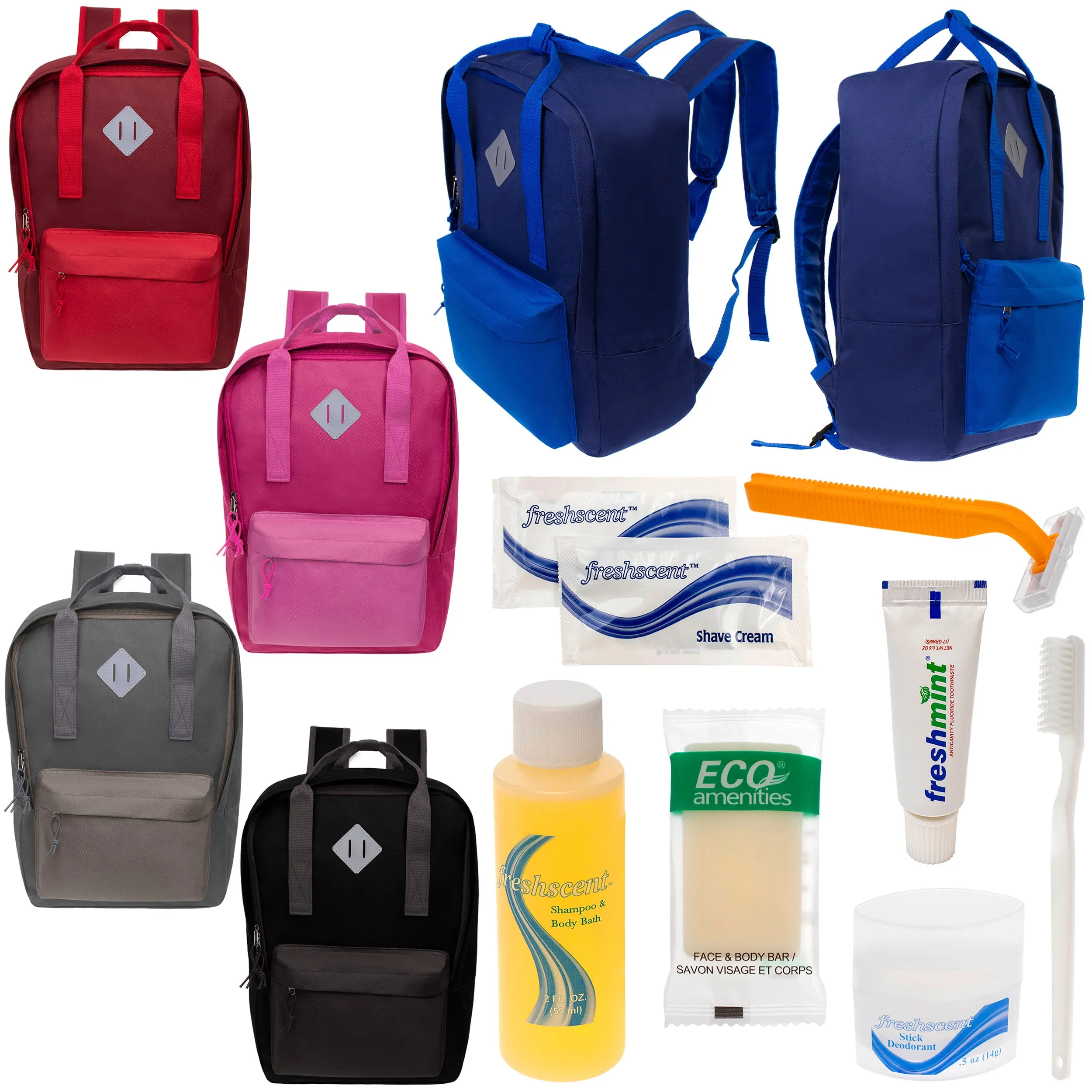 12 Multi Color Diamond Patch Backpacks & Your Choice of 12 Bulk Hygiene Kits - Wholesale Care Package: Homeless, Emergency, Charity