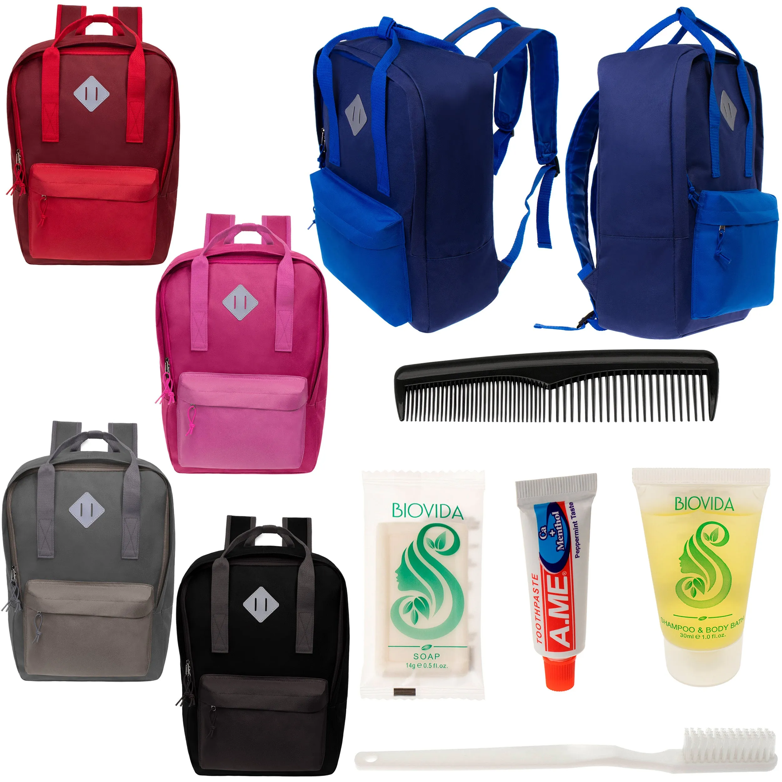 12 Multi Color Diamond Patch Backpacks & Your Choice of 12 Bulk Hygiene Kits - Wholesale Care Package: Homeless, Emergency, Charity