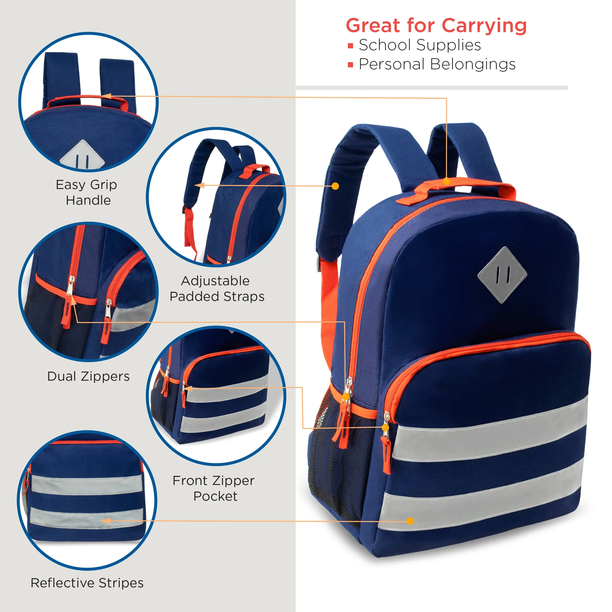 12 Reflective Stripe 17" Backpacks & Your Choice of 12 Winter Item Sets - Wholesale Care Package: Homeless, Emergency, Charity