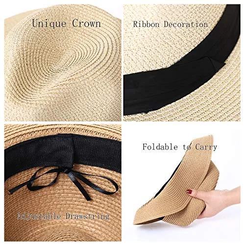 2-Pack Beach Hats for Women Summer Straw Sun Hats Women's Wide Brim Fedora Hat UV Protection Fashion Travel Accessories