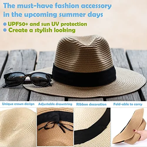 2-Pack Beach Hats for Women Summer Straw Sun Hats Women's Wide Brim Fedora Hat UV Protection Fashion Travel Accessories