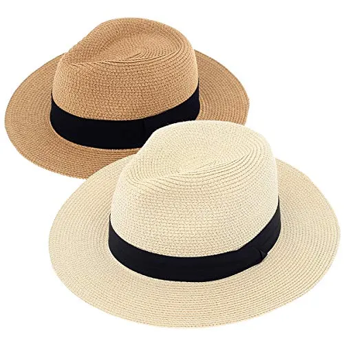 2-Pack Beach Hats for Women Summer Straw Sun Hats Women's Wide Brim Fedora Hat UV Protection Fashion Travel Accessories