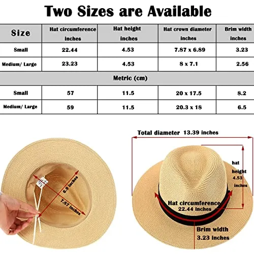 2-Pack Beach Hats for Women Summer Straw Sun Hats Women's Wide Brim Fedora Hat UV Protection Fashion Travel Accessories