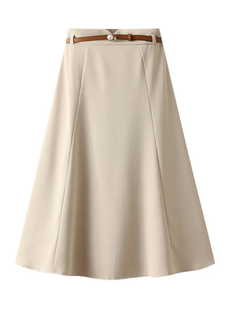 A-line Mid-length Skirt with Belt