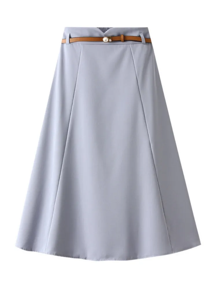 A-line Mid-length Skirt with Belt