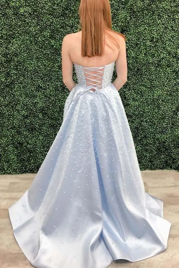 A Line Strapless Light Sky Blue Prom/Formal Dress With Pearls PSK157