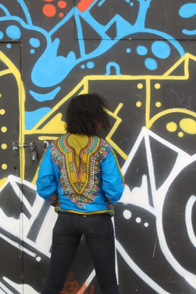 African Bomber Jacket in Blue Dashiki Print- Festival Clothing