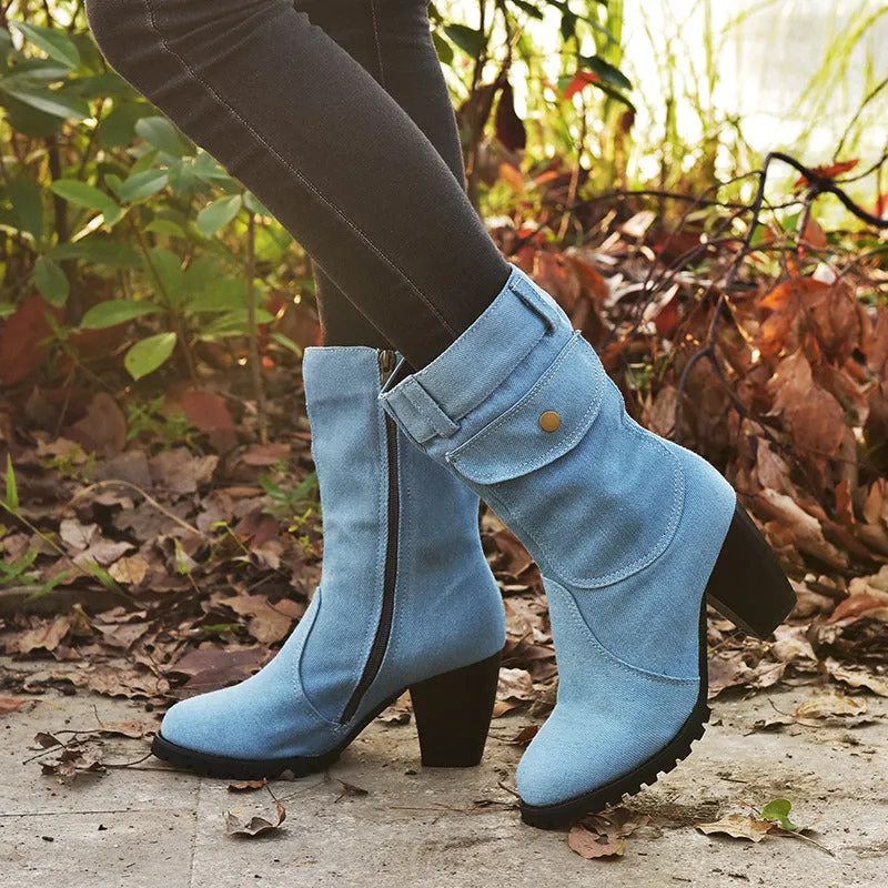 Autumn Winter Women Boots Denim Women Pointed Toe Cowboy Style High Heels