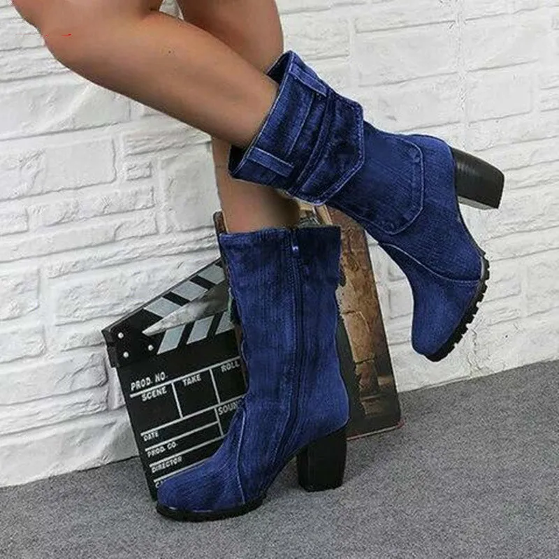 Autumn Winter Women Boots Denim Women Pointed Toe Cowboy Style High Heels