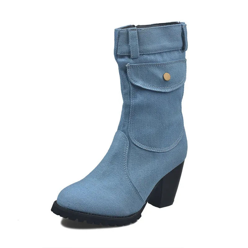 Autumn Winter Women Boots Denim Women Pointed Toe Cowboy Style High Heels