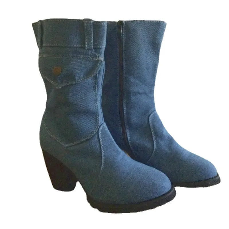 Autumn Winter Women Boots Denim Women Pointed Toe Cowboy Style High Heels