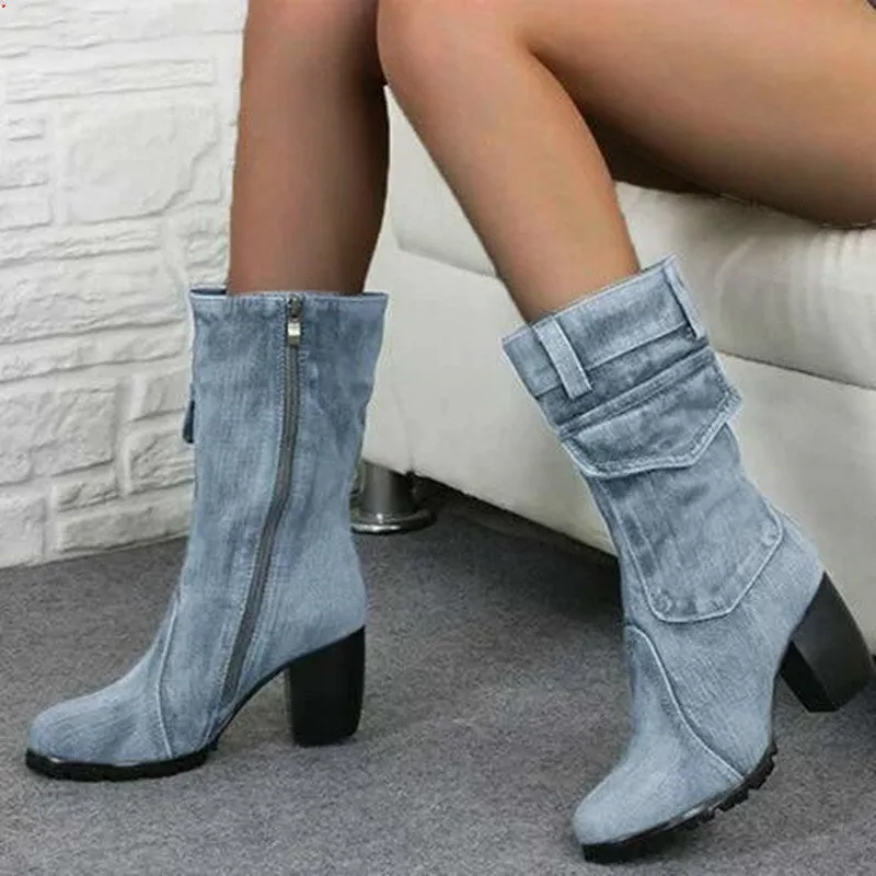 Autumn Winter Women Boots Denim Women Pointed Toe Cowboy Style High Heels