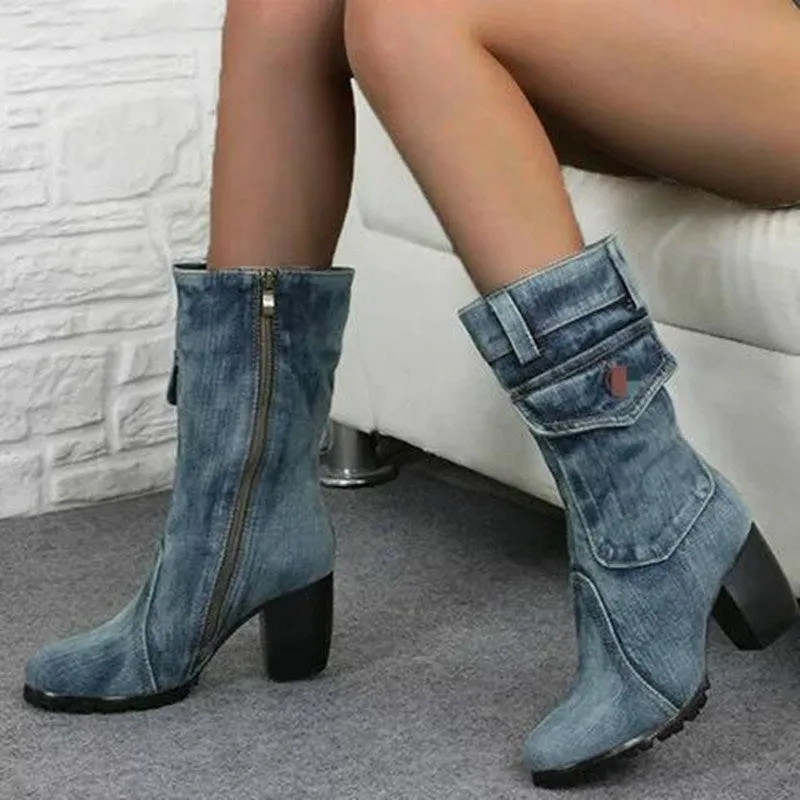 Autumn Winter Women Boots Denim Women Pointed Toe Cowboy Style High Heels