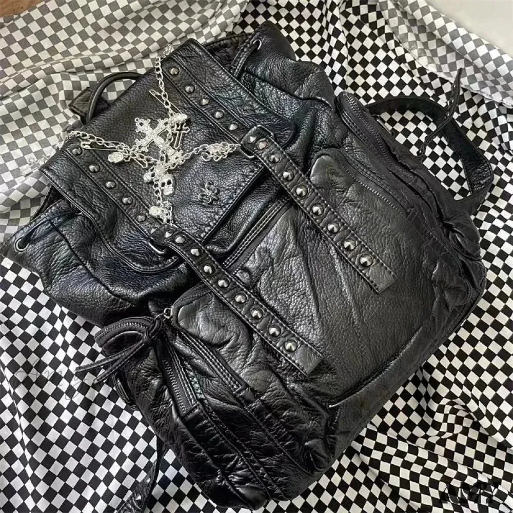 Backpack Leather Girls Y2K Gothic Style Korean Skull Soft Cross Punk Bag Chain