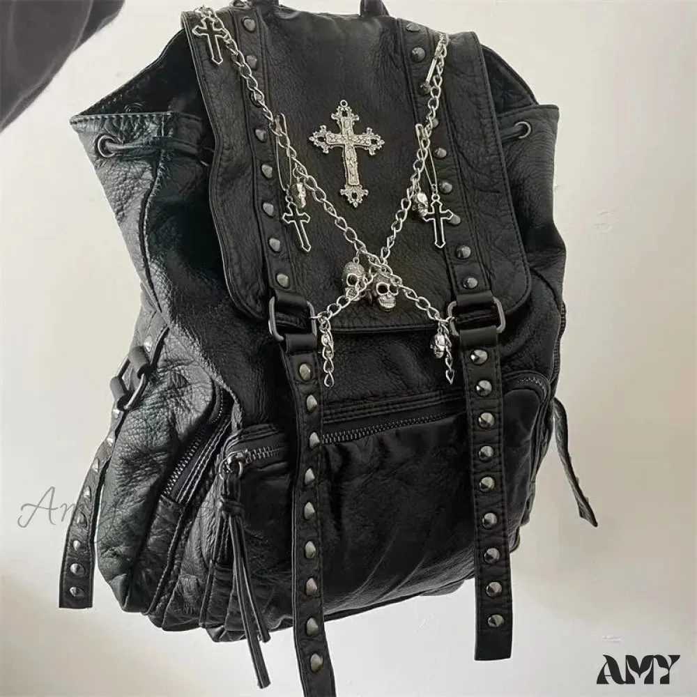 Backpack Leather Girls Y2K Gothic Style Korean Skull Soft Cross Punk Bag Chain