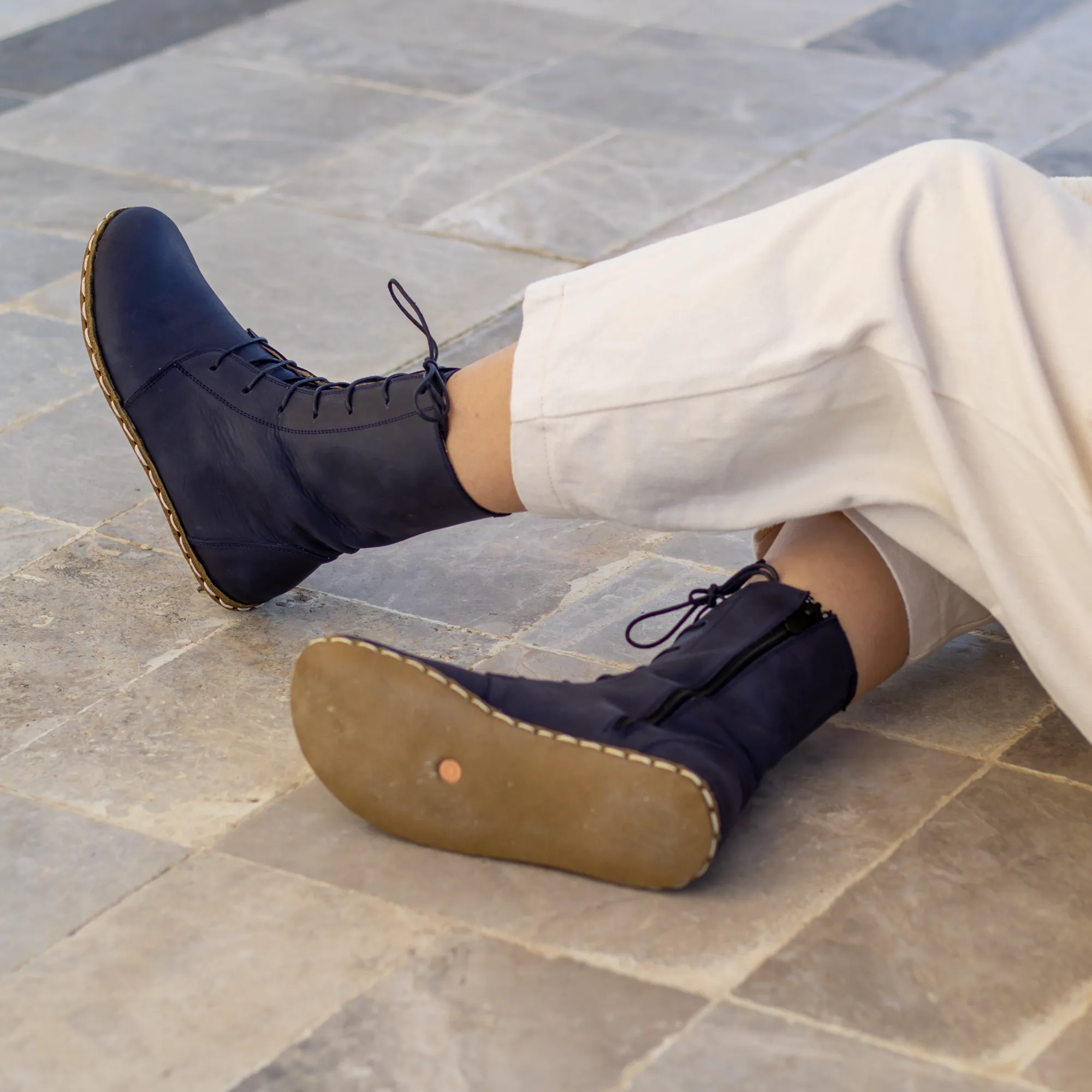 Barefoot Leather Lace-up Navy Blue Boots for Women