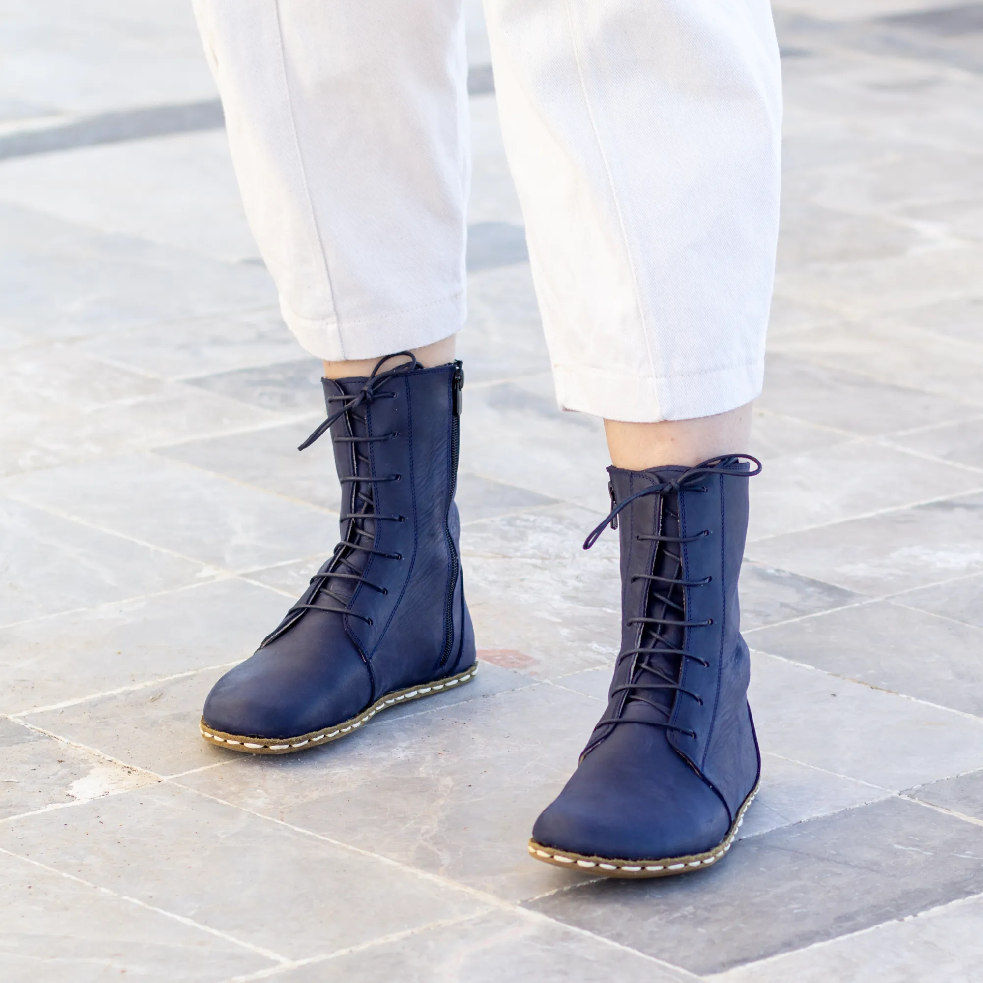 Barefoot Leather Lace-up Navy Blue Boots for Women