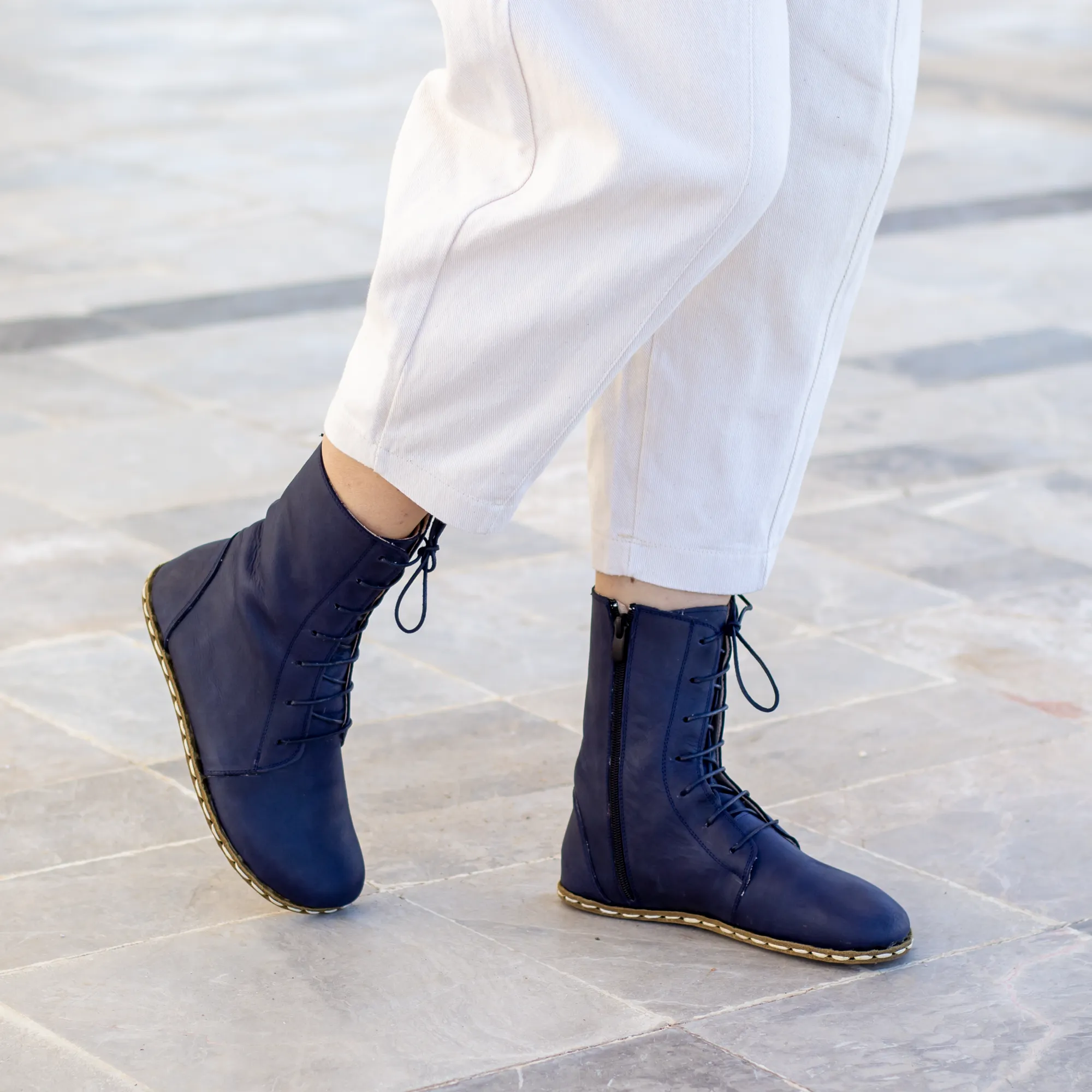 Barefoot Leather Lace-up Navy Blue Boots for Women