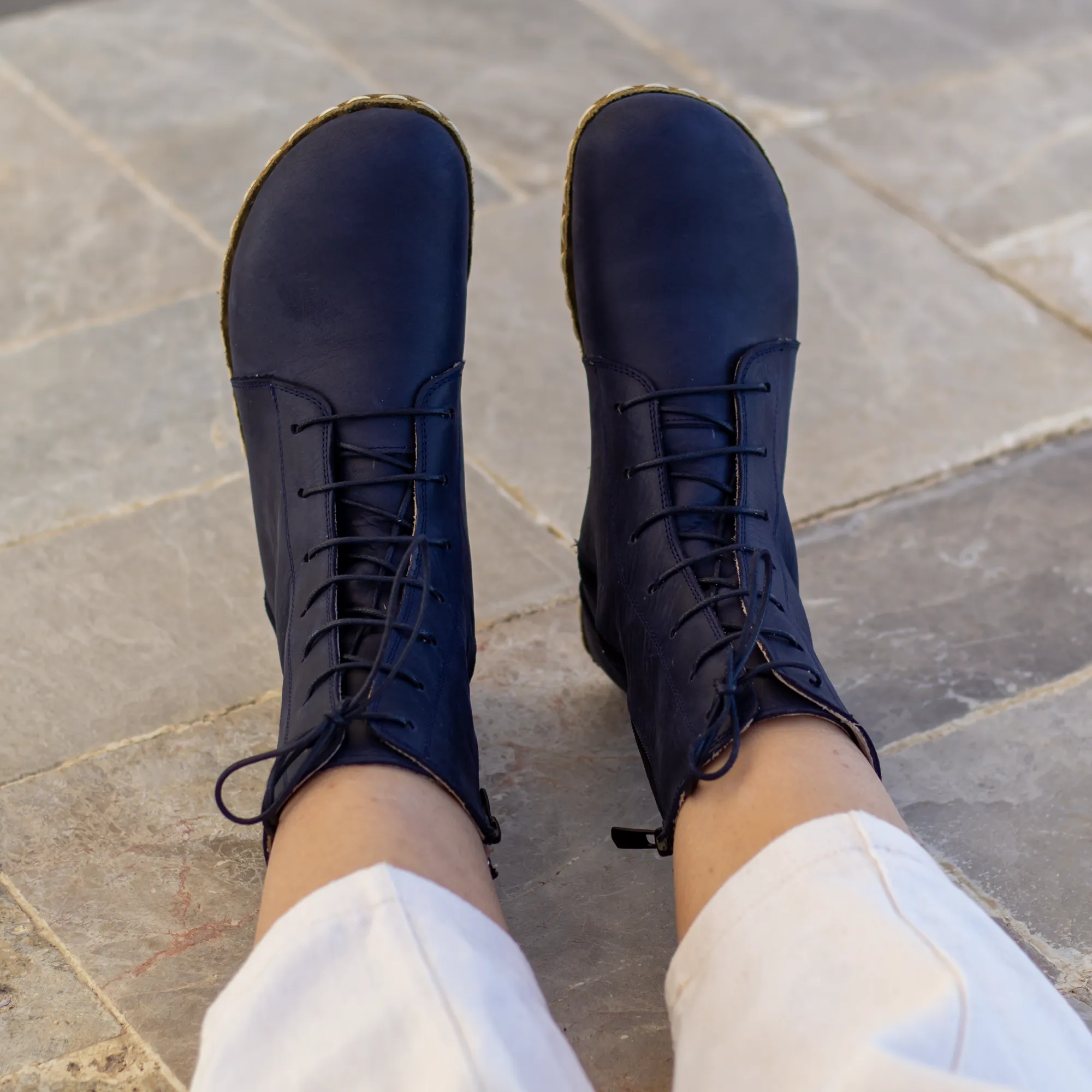 Barefoot Leather Lace-up Navy Blue Boots for Women