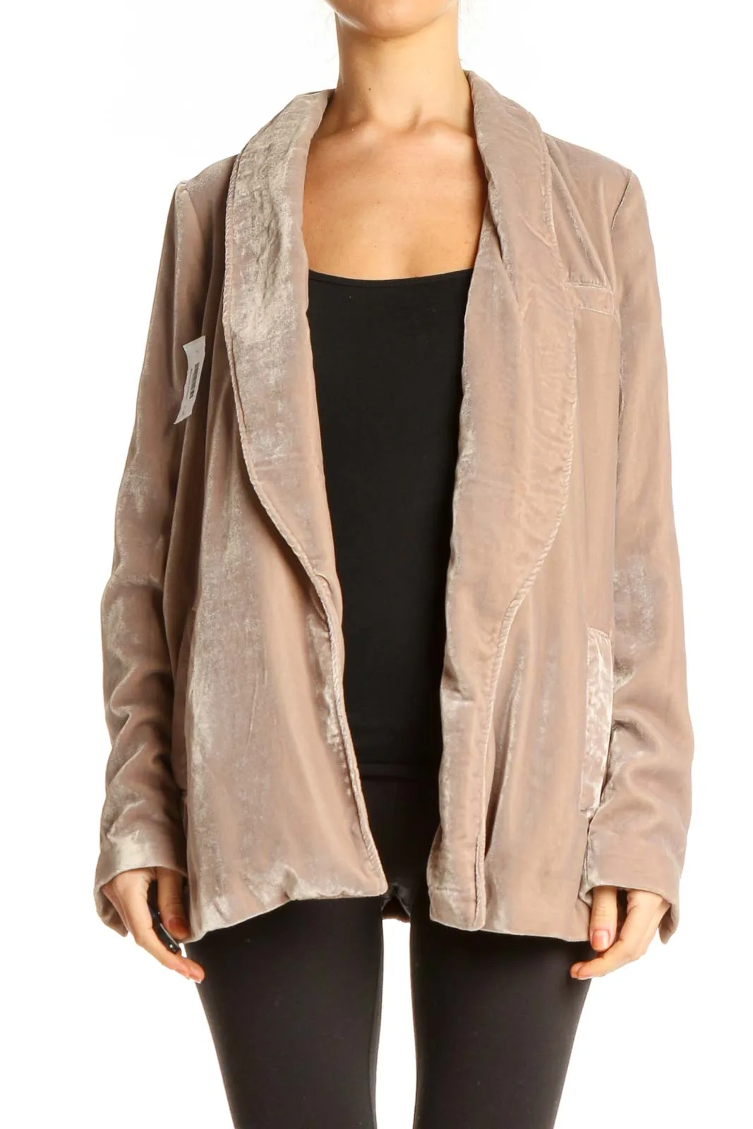 Beige Velvet Open Front Blazer