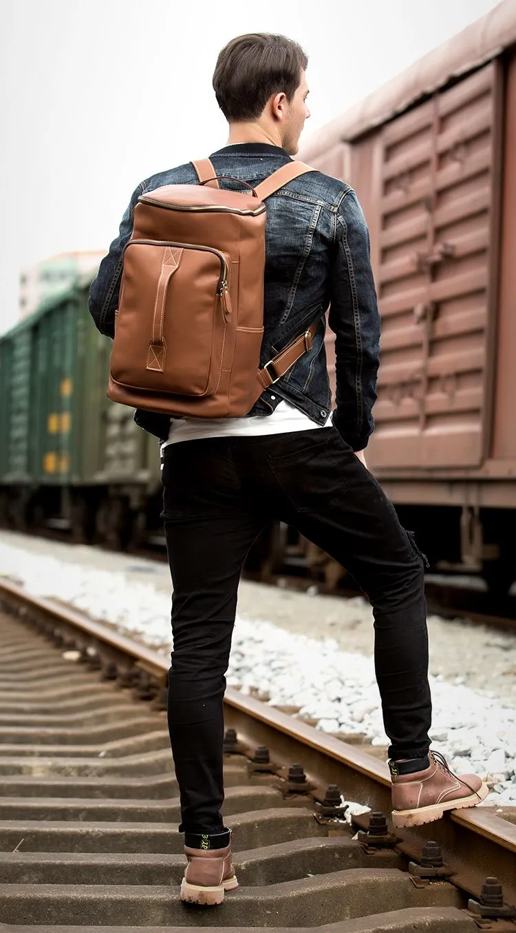 Black Fashion Mens Leather 15-inch Computer Barrel Backpack Brown Travel Bucket Backpacks School Backpacks for men