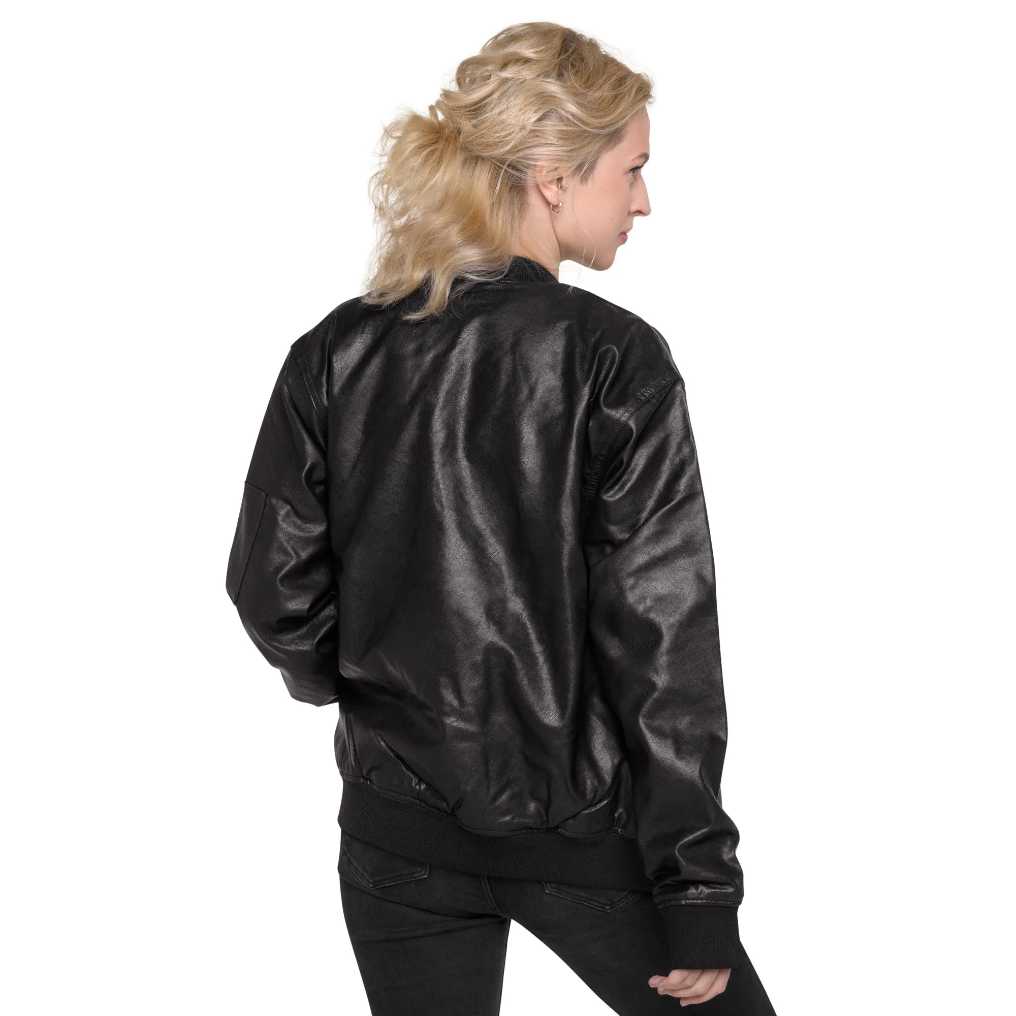 Black Faux Leather Bomber Jacket (Glamourange Leather Bomber Jackets Spring Collection)