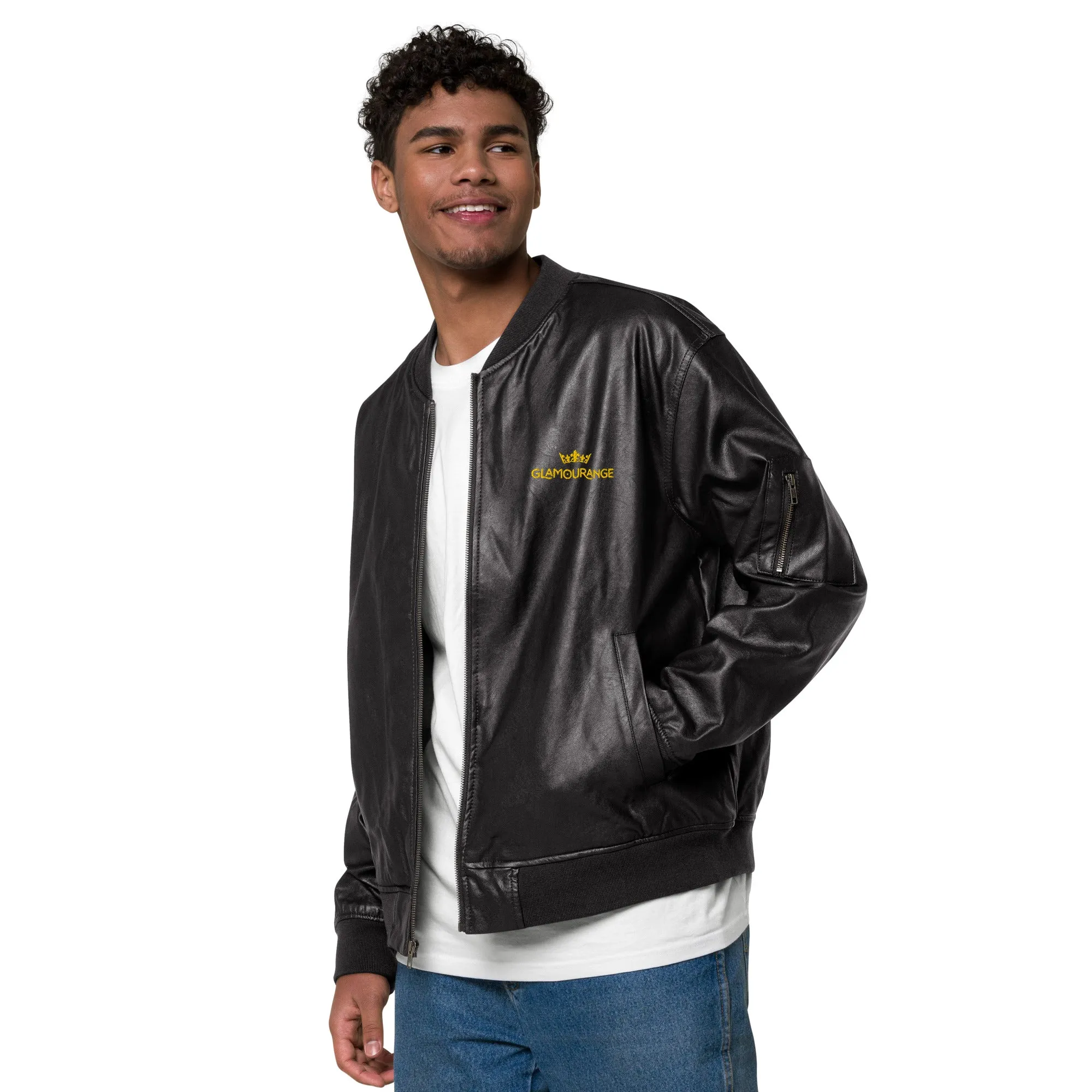 Black Faux Leather Bomber Jacket (Glamourange Leather Bomber Jackets Spring Collection)