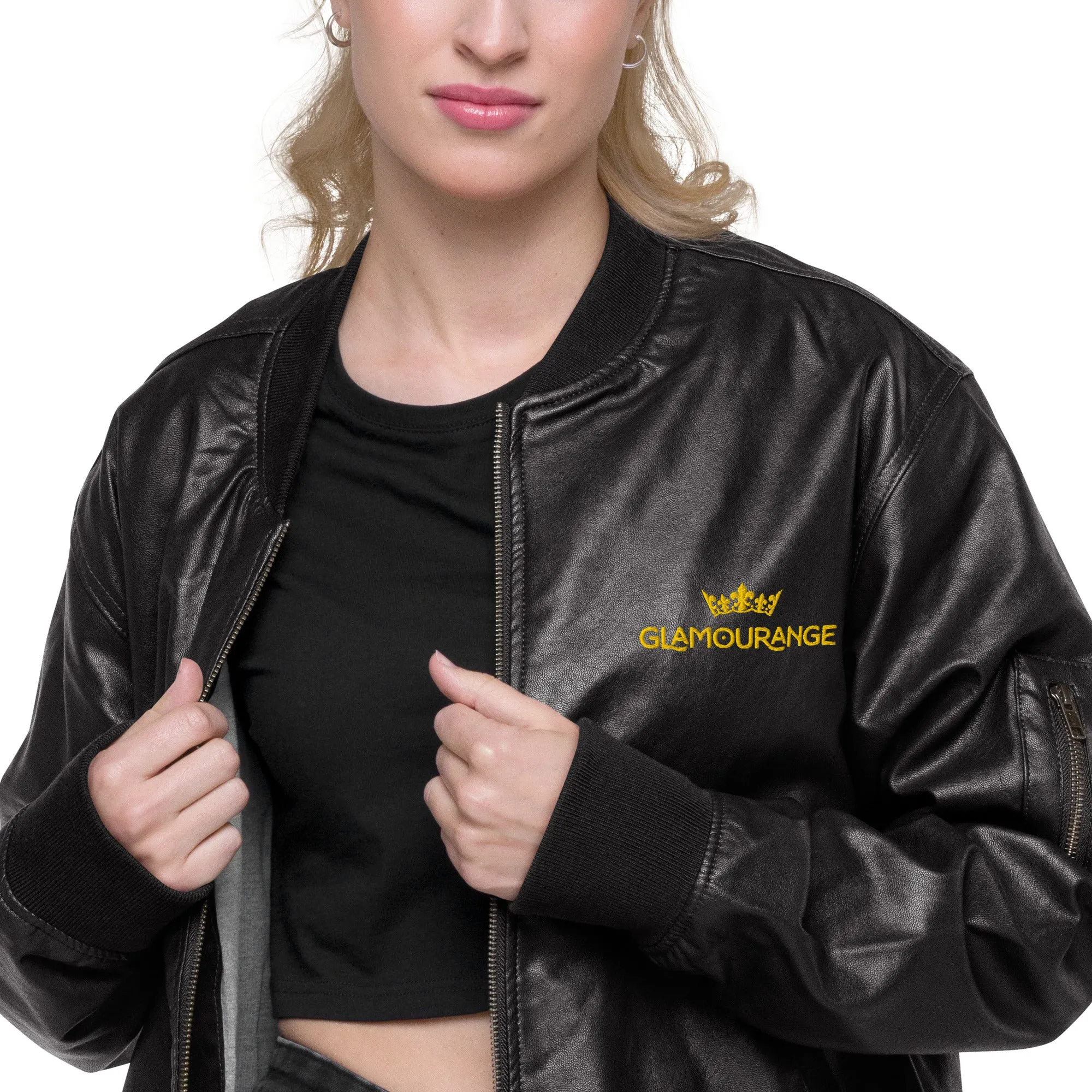 Black Faux Leather Bomber Jacket (Glamourange Leather Bomber Jackets Spring Collection)