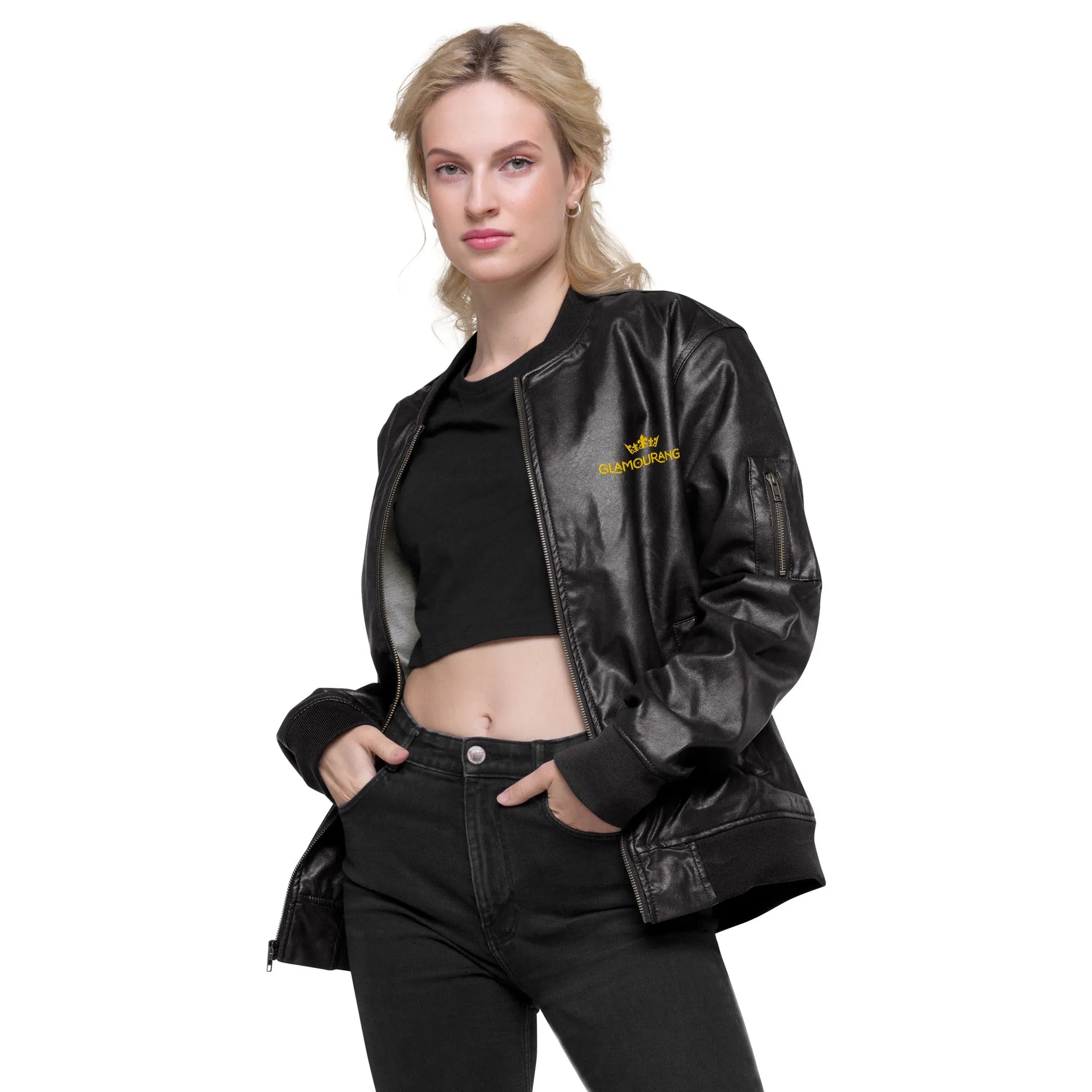 Black Faux Leather Bomber Jacket (Glamourange Leather Bomber Jackets Spring Collection)