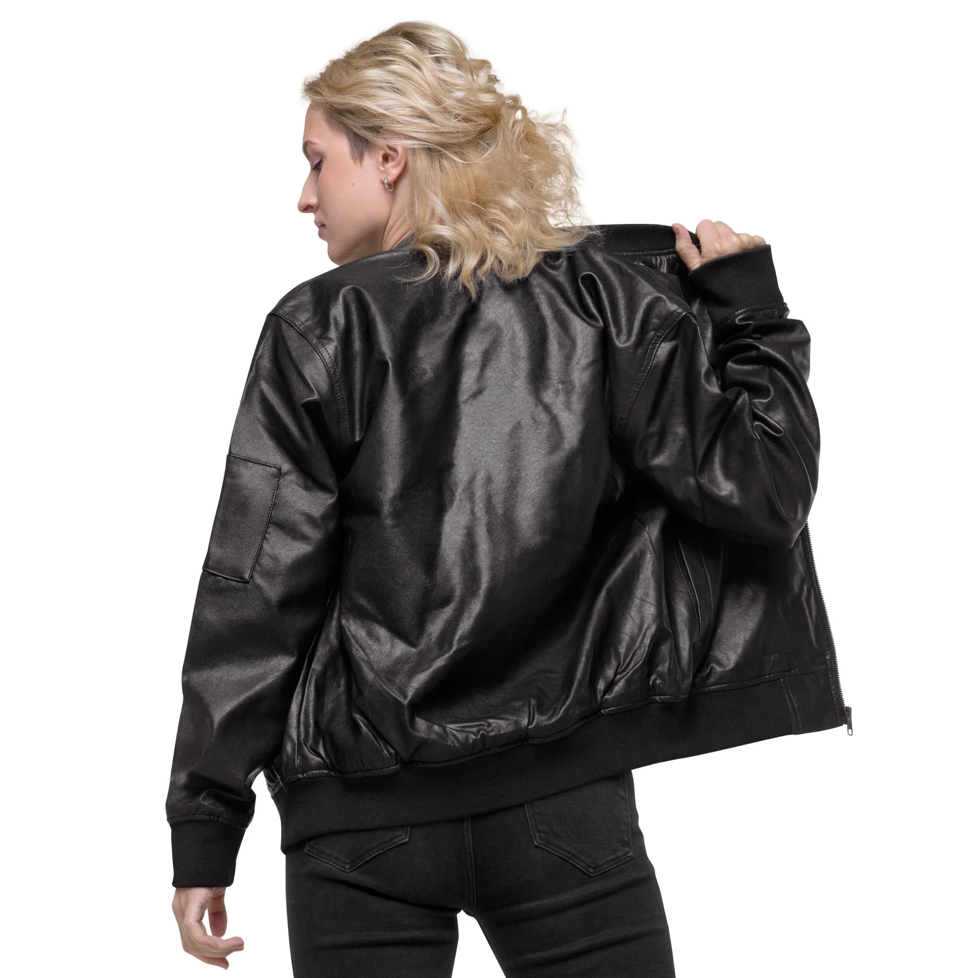 Black Faux Leather Bomber Jacket (Glamourange Leather Bomber Jackets Spring Collection)