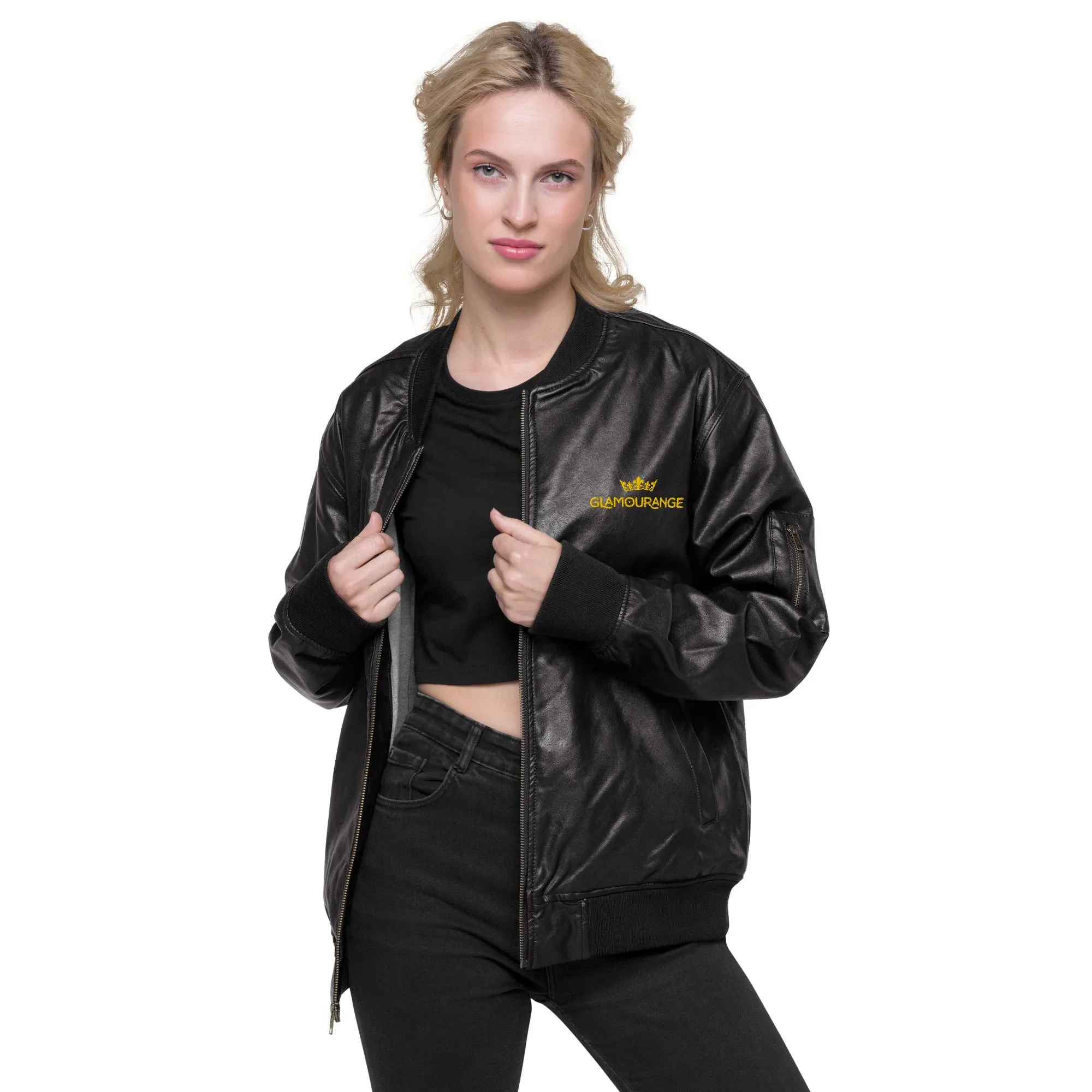 Black Faux Leather Bomber Jacket (Glamourange Leather Bomber Jackets Spring Collection)