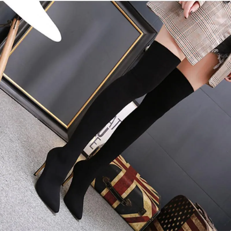 Black High Heel Pointed Toe Sock Over Knee Boots