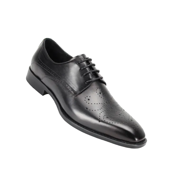 Black Lace-Up Men's Leather Dress Shoe - Perforated Pattern Dark Toe