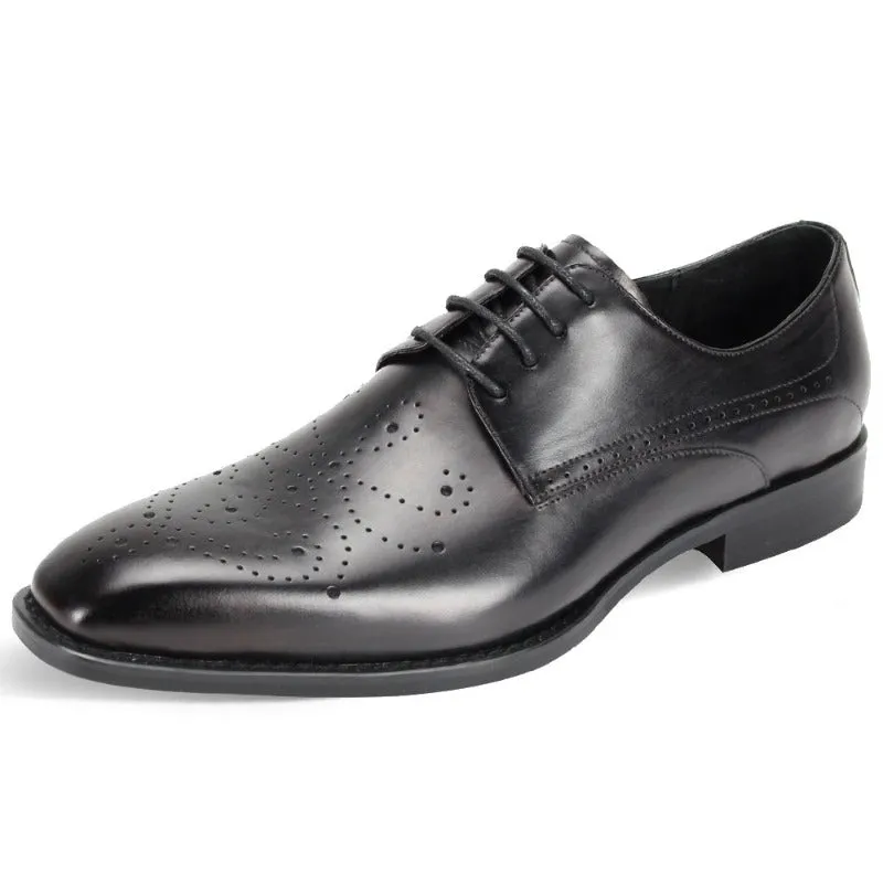 Black Lace-Up Men's Leather Dress Shoe - Perforated Pattern Dark Toe