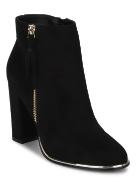 Black Micro Side Zipper Block Heel Ankle Boots