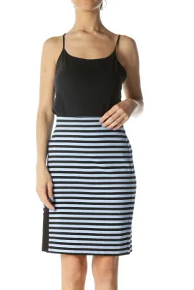 Blue/Black Striped Stretch Slit Skirt