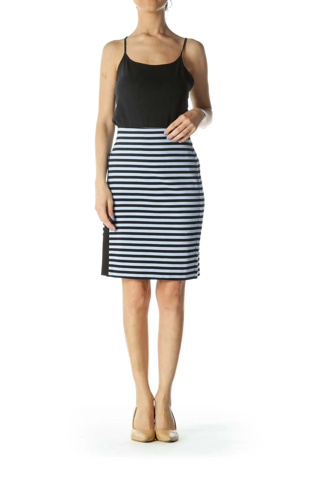 Blue/Black Striped Stretch Slit Skirt