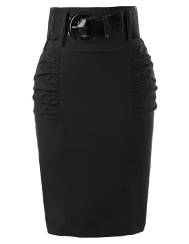 BP Women Vintage Back Slit Skirt with Belt High Waist Ruched Bodycon Skirt