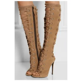 Brown Peep Toe Lace Up Knee High Gladiator Sandal Boots