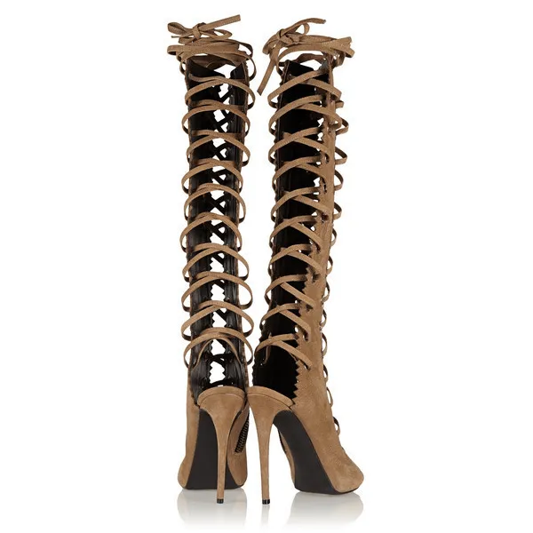 Brown Peep Toe Lace Up Knee High Gladiator Sandal Boots