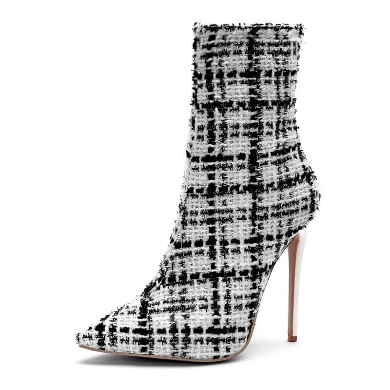 Casual Plaid Pointed Toe High Heel Calf Boots