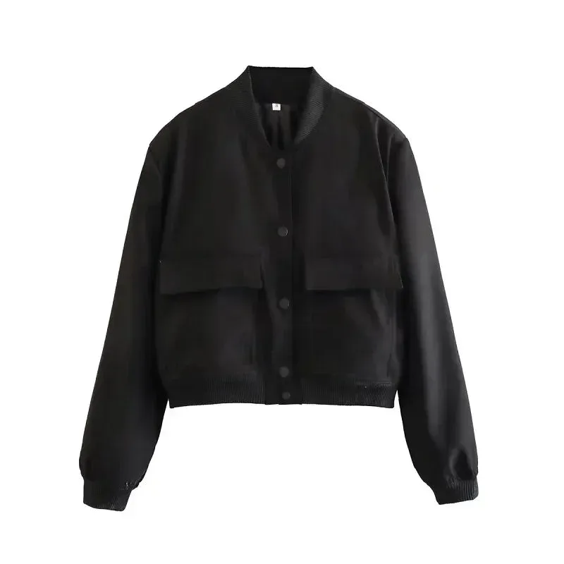 Chic Cropped Bomber Jacket cotton autumn Coat Button Baseball Aviator Cropped Jacket