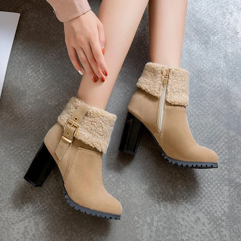 Chunky High Heel Buckle Suede Ankle Boots